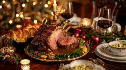 Fototapeta premium A festive holiday dinner table with a centerpiece of roasted prime rib steak served with gravy and Yorkshire pudding.
