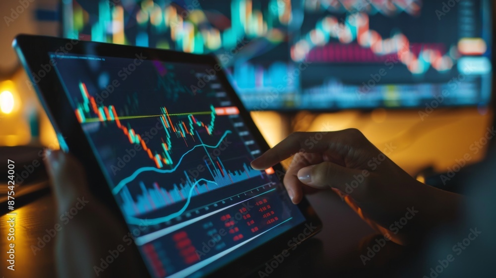 Fototapete a financial advisor explaining stock market trends to a client using a graph on a tablet.