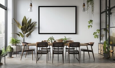 Minimalist dining room with a blank frame on the wall
