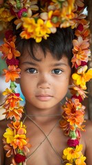 Close-up of a young Thai boy with a flower garland