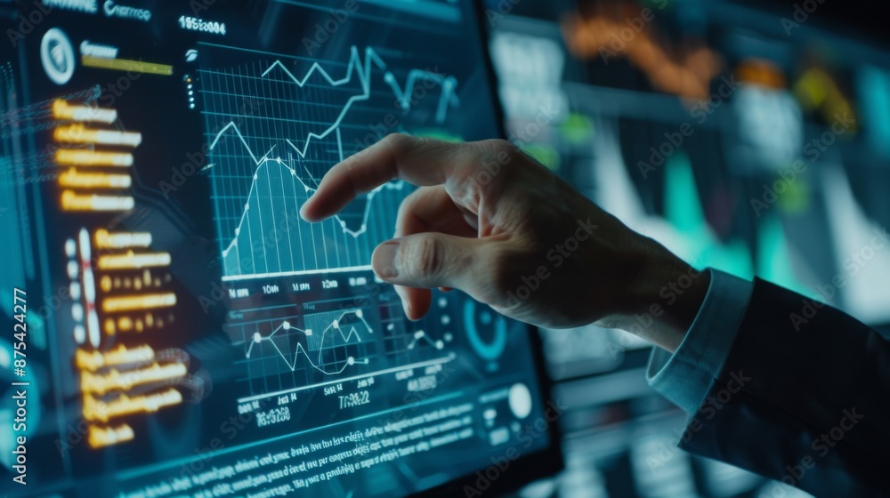 Poster a financial analyst using a touchscreen to interact with digital financial graphs.