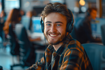 Fototapeta premium Caucasian male call center employee is working in the office.