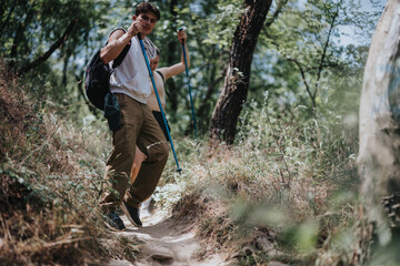 Obraz premium Two friends hiking in forest, enjoying a sunny summer day exploring nature. Focus on activity and adventure.