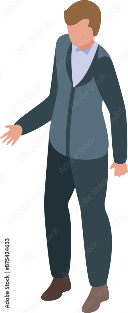 Poster businessman is standing and gesturing with one hand as if showing something to someone