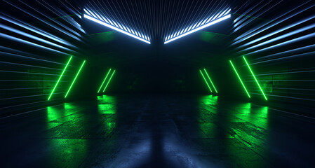 Futuristic Cyber Laser Electric Neon Lightning Bolts Vibrant Glowing Tunnel Corridor Metal Concrete Studio Backdrop Background Tunnel Corridor 3D Rendering