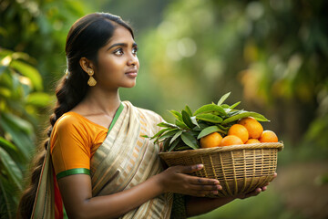 Beautiful Indian young woman In a sari holding a basket of fresh oranges. Selective focus.