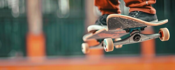 Close-up of a skateboard in action, mid-air trick with blurred background. Focus on the skateboard and rider's feet, showcasing balance and skill.