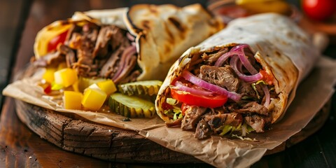 Serving of Shawarma with Pickles and Hummus on Rustic Wooden Board at Fast Food Joint. Concept Shawarma Presentation, Middle Eastern Cuisine, Fast Food Presentation, Wooden Serving Board