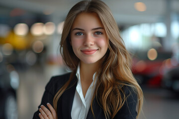 Fototapeta premium Caucasian female salesman smiling with confidence in sports car showroom.