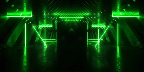 Futuristic Cyber Laser Electric Neon Lights Vibrant Glowing Tunnel Corridor Metal Concrete Studio Backdrop Background Tunnel Corridor 3D Rendering © IM_VISUALS