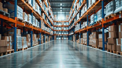 Fototapeta premium Spacious warehouse with stacked shelves, boxes, and pallets. Industrial interior. Logistics and storage facility with organized inventory system.