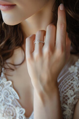 a bride's hand showcasing a diamond engagement ring 