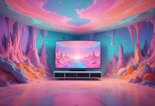 surreal and dreamlike, Ultra-compact, portable television with foldable screen and wireless power charging, saturated, pastel, dreamy atmosphere, liquid psychedelic, monochromatic mockup