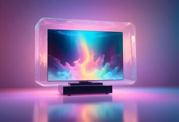surreal and dreamlike, Ultra-compact, portable television with foldable screen and wireless power charging, saturated, pastel, dreamy atmosphere, liquid psychedelic, monochromatic mockup