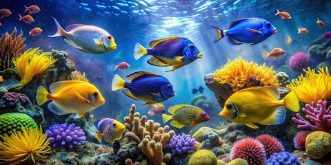 Vibrant blue and yellow fish swim together in a colorful aquarium decorated with coral, seaweed, and bubbles, creating a serene underwater scene.