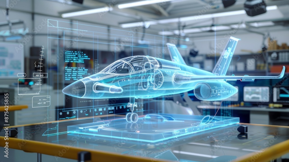 Poster augmented reality interface showcasing holographic aircraft design in modern engineering lab setup