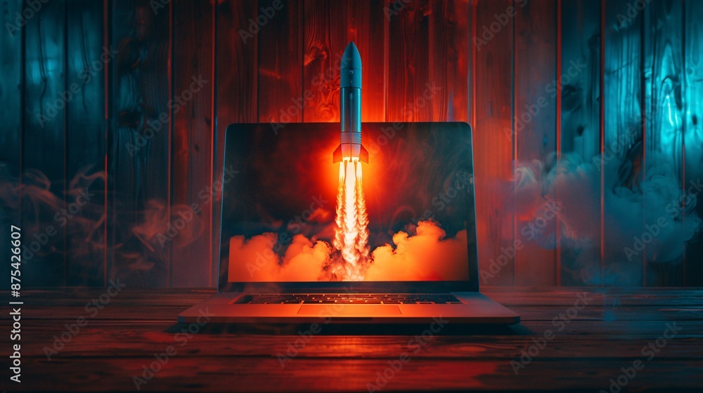 Poster rocket launch from laptop screen representing innovation and technology in a futuristic digital conc
