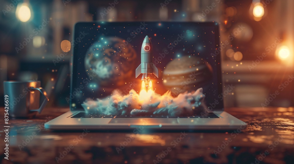 Poster rocket launching from laptop screen in a futuristic workspace with planets in background