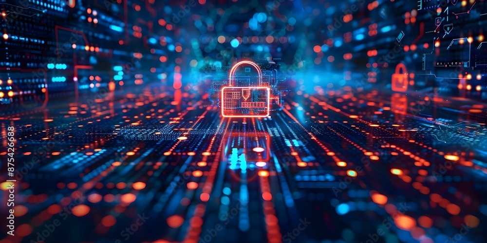 Poster exploring cybersecurity technology with an impressive digital backdrop and fortifications. concept c