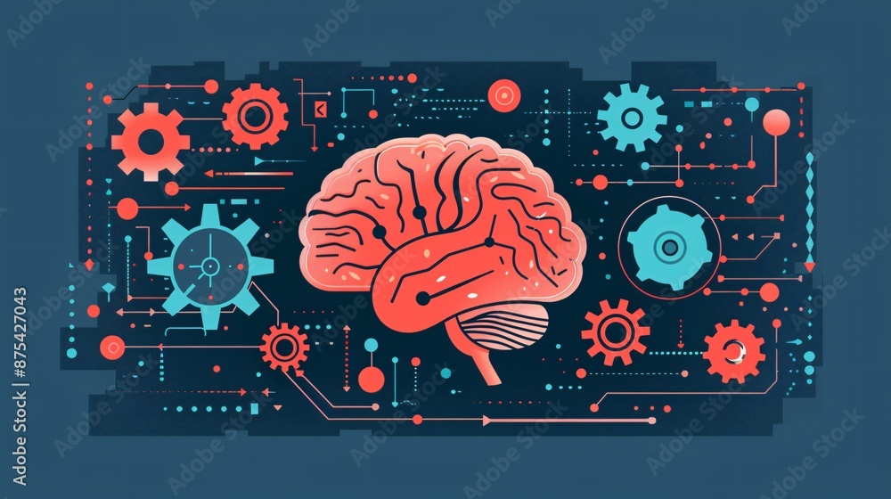 Aufkleber futuristic brain and gear illustration representing artificial intelligence and machine learning con
