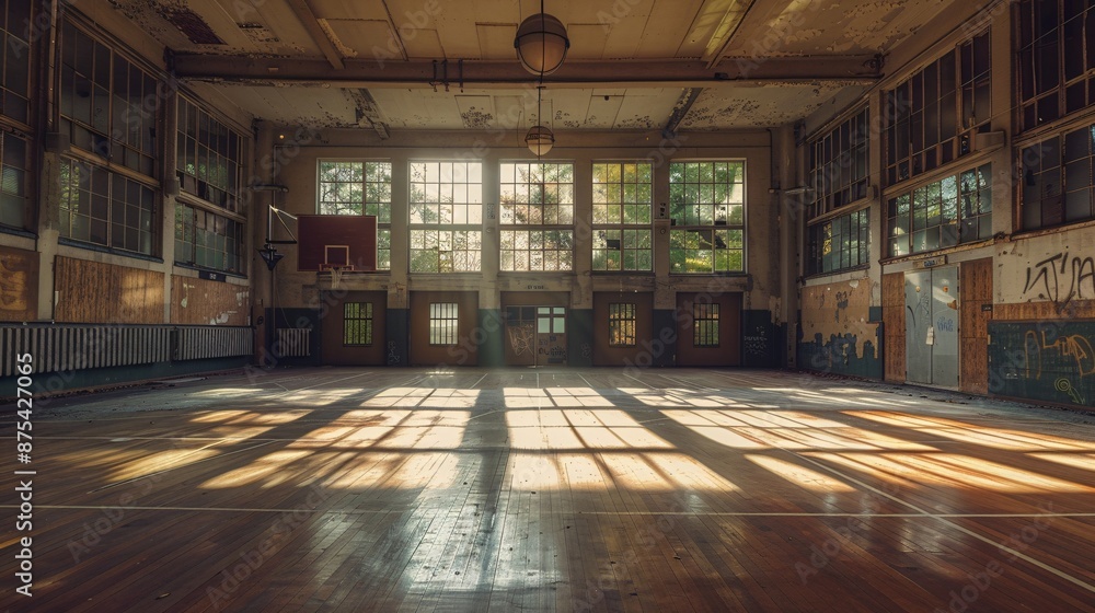 Poster abandoned gymnasium with sunlight streaming through windows creating a nostalgic atmosphere