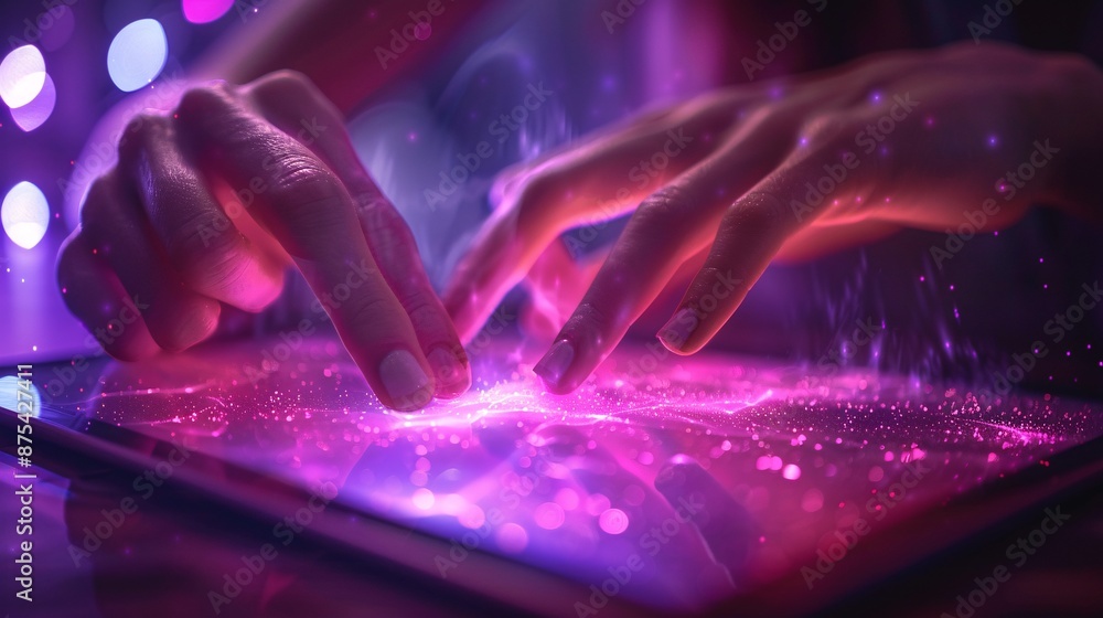 Poster futuristic hands interacting with a digital tablet in a neon lit environment with sparkling effects