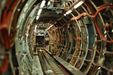 Obraz premium Intricate Aircraft Wiring and Cabling Installation Inside Fuselage - Aviation Engineering