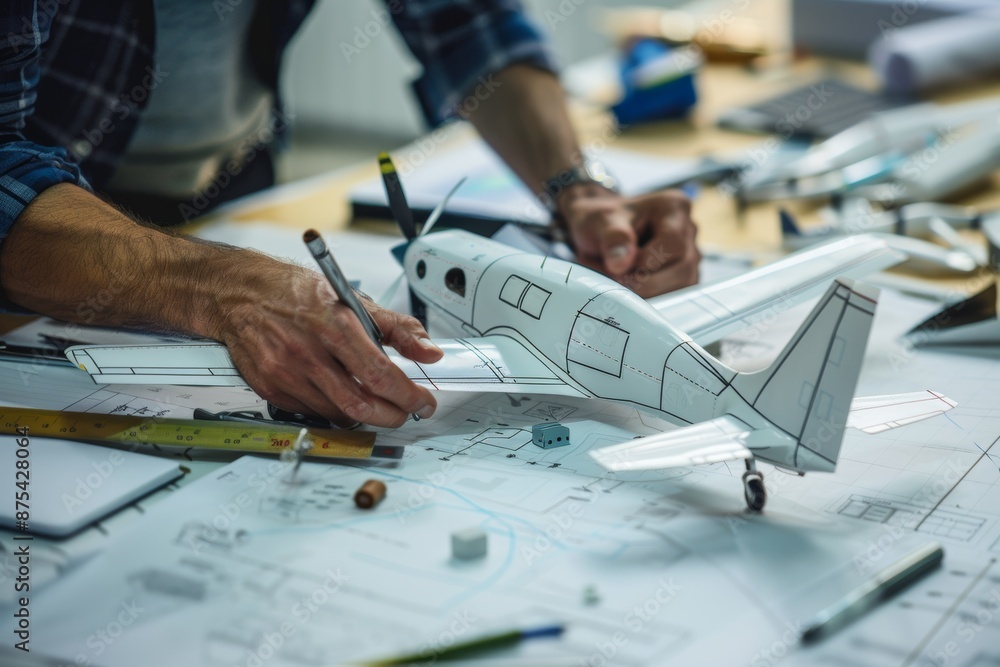 Poster engineers and designers collaborating on new aircraft prototype in creative studio
