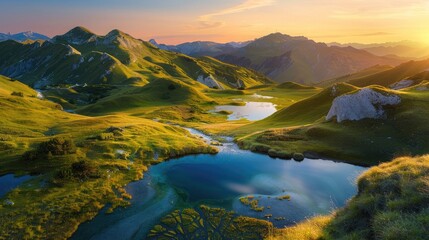 Obraz premium A tranquil mountain range with rolling hills and clear blue streams, under a golden sunset.
