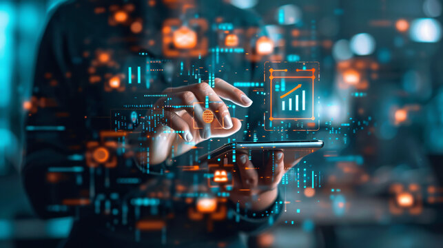 Digital banking, with a businessman managing online banking and payments, finance, and banking networks. Focus areas include AI, fintech, customer networking, digital marketing, cybersecurity