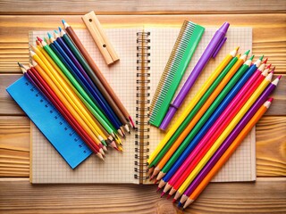 Obraz premium Colorful array of essential school supplies, including sharpened pencils, spiral-bound notebooks, and wooden rulers, neatly organized on a clean wooden desk for learning.