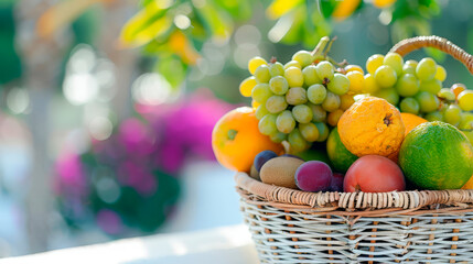  Fresh grapes and an orange with water droplets on a blurred natural background. Concept: freshness, nature, healthy eating. Suitable for juice bars, health blogs, grocery stores. Relevant for promoti