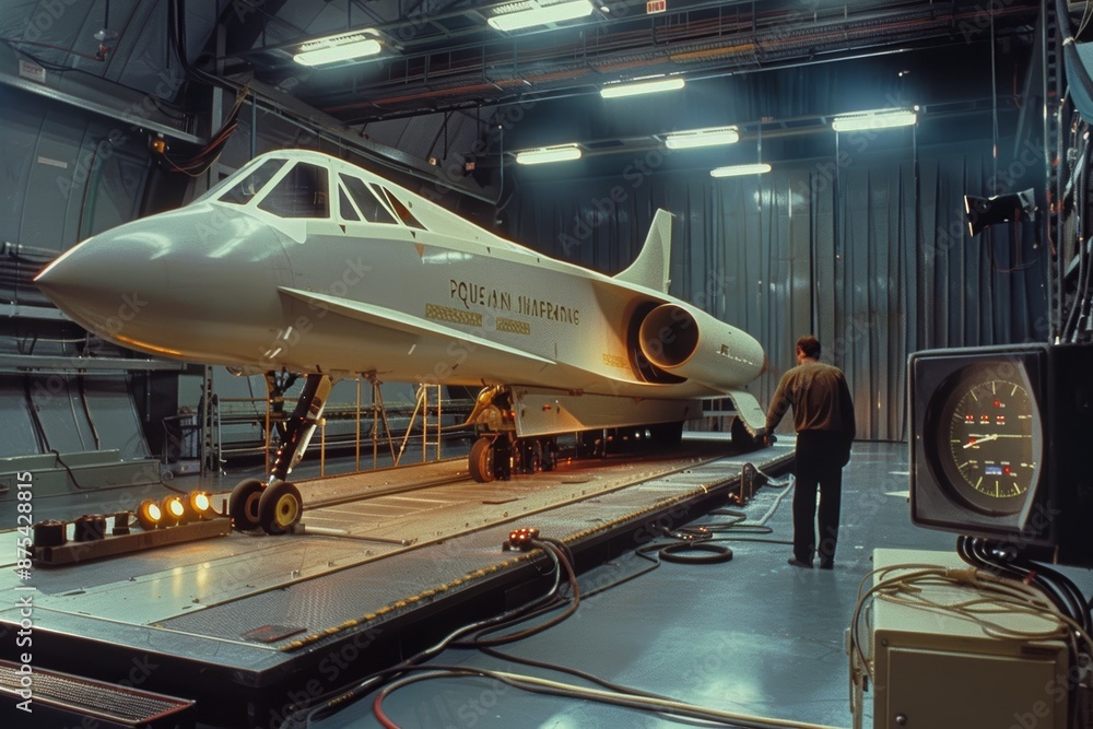 Poster engineers testing prototype supersonic passenger jet in wind tunnel laboratory for data analysis