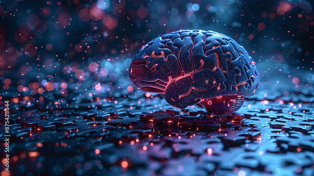 Poster futuristic artificial intelligence concept with glowing brain and digital particles in a high-tech e