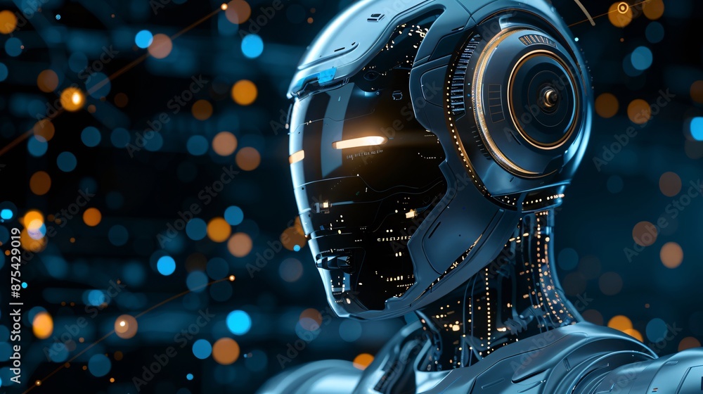 Poster futuristic robotic head with glowing lights and circuitry in a high-tech environment