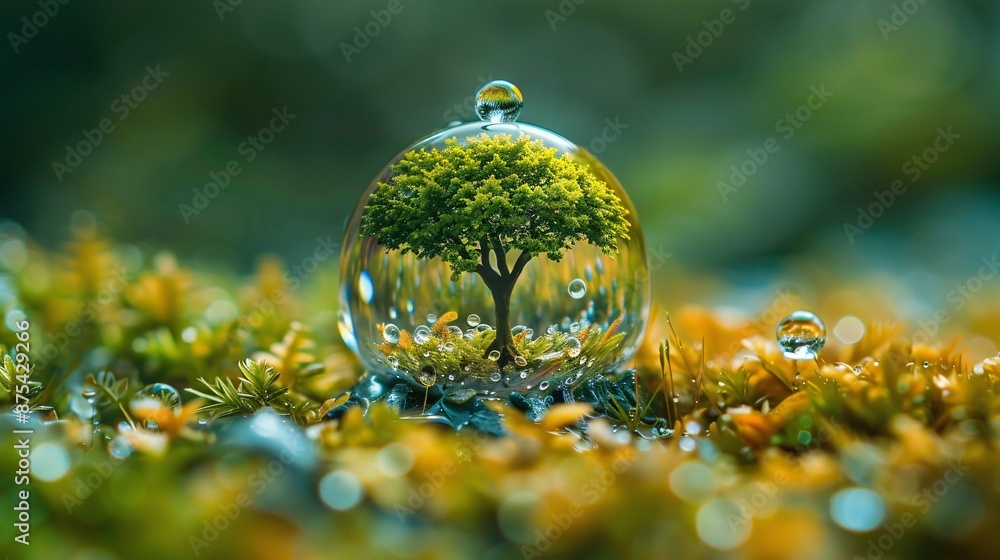 Poster enchanting tree encapsulated in a dew drop with vibrant greenery and moss background