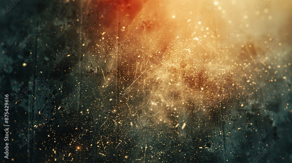 Poster abstract golden and dark background with sparkling particles and light effects