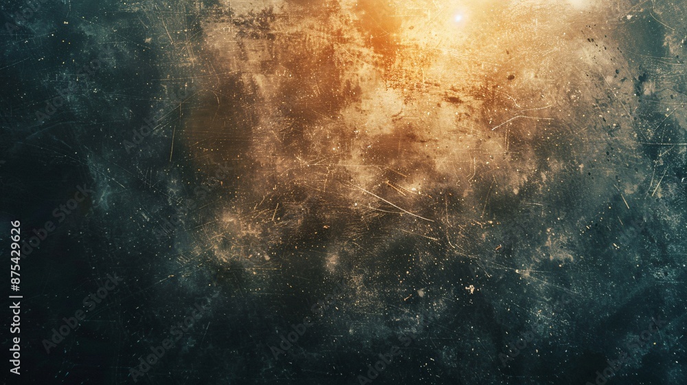 Poster abstract cosmic background with golden and dark hues, featuring a nebula-like texture and starry ele