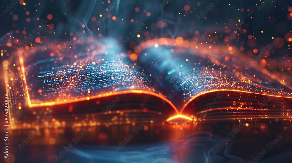 Aufkleber enchanted open book with glowing text and magical sparks in a mystical atmosphere