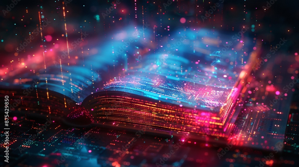 Poster futuristic digital book with neon lights and data streams in a cyberpunk style