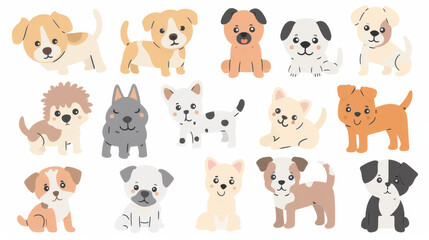 Obraz premium collection of illustrated dogs in various poses and breeds on a light background. Ideal for pet lovers, animal illustrations, and dog-themed designs