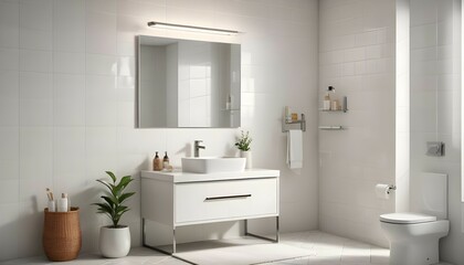 A small bathroom with white tiles, a glass shower enclosure, a simple vanity with a mirror, and neatly arranged toiletries.