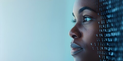 Black womans face reflected in code developing innovative eCommerce app with Big Data. Concept eCommerce Innovation, Big Data Development, Women in Tech, Reflective Technology, Business Diversity