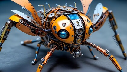 A close-up view of a mechanical insect-like robot with intricate gears, wires, and metallic components in shades of yellow, blue, and orange