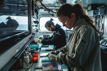 Marine Scientists Conducting DNA Analysis on Research Vessel for Marine Life Study