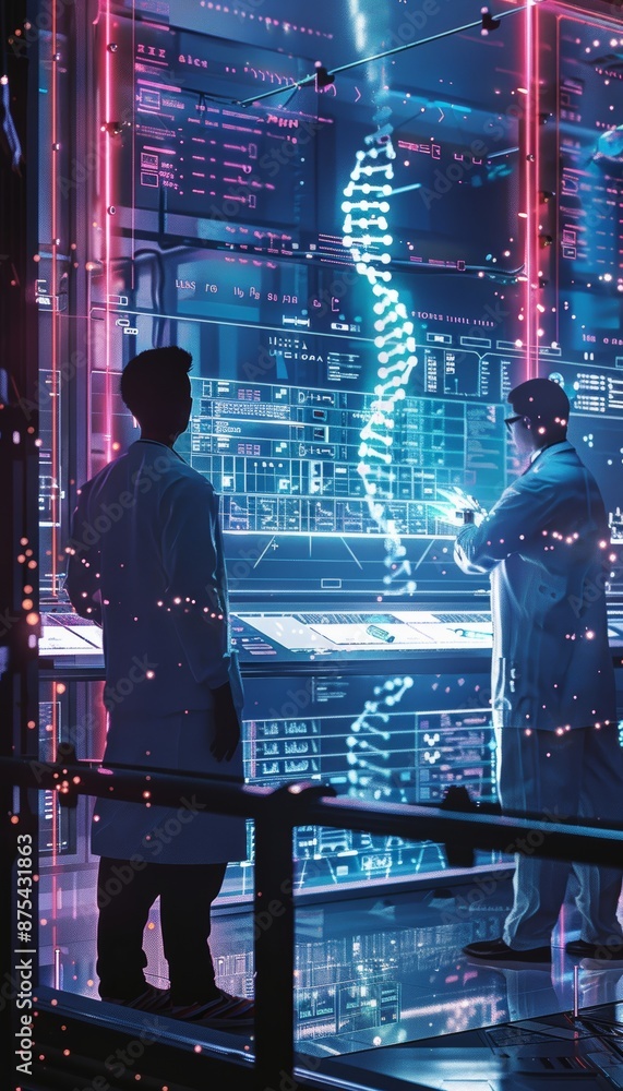 Poster researchers developing synthetic dna in a high-tech lab with futuristic digital interfaces