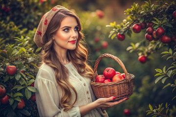 A young beautiful woman holds a basket with red ripe apples against the backdrop of an apple orchard. Selective focus.
