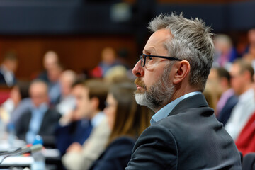 Fototapeta premium Focused Professional Man with Glasses Attending a Business Conference