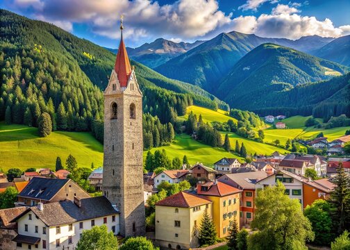 Majestic Zw&ouml;lferturm tower stands tall in medieval town of Sterzing, Vipiteno, South Tyrol, Italy, surrounded by colorful historic buildings and lush green mountains.