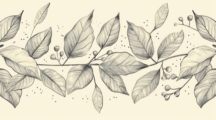 Hand drawn horizontal leaf and bud decorative design with dashed lines and labels